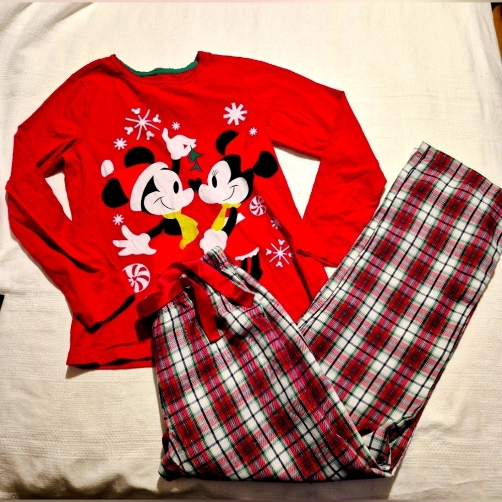 Disney Store women's size small pajama set plaid bottoms Mickey & Minnie VGUC